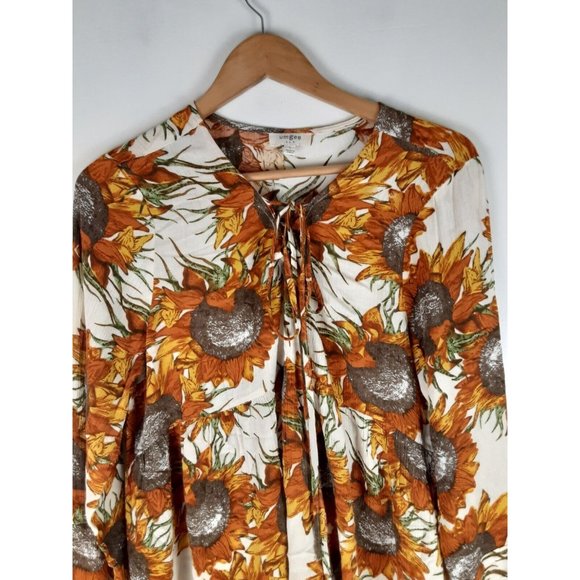 Umgee Cream & Orange Sunflower Floral Print Long Flare Sleeve Top Lace Neck L - Picture 2 of 8